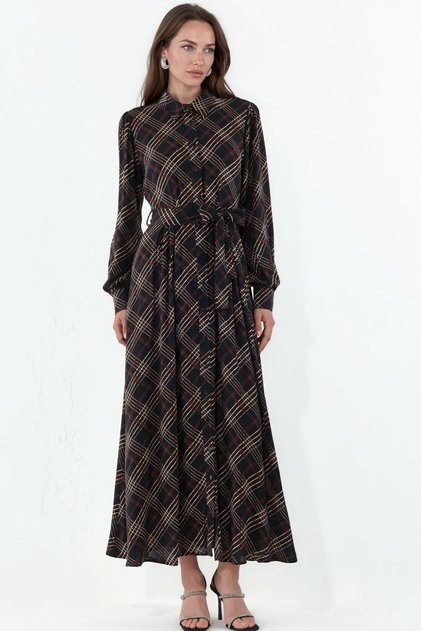 Bdart Buttoned Collar and Square Patterned Midi Dress