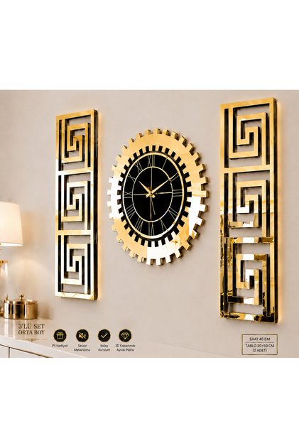 Dekoratif 3 Lü Set Pleksi Gold Aynalı 3d Kabartmalı Duvar Saati Ve Dekoru. Saat 40 cm, 20x50 cm Tablo. Sessiz saat
