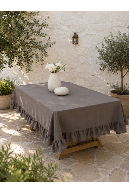 Pearl Velvet Textured Ruffled Tablecloth Smoked Gray