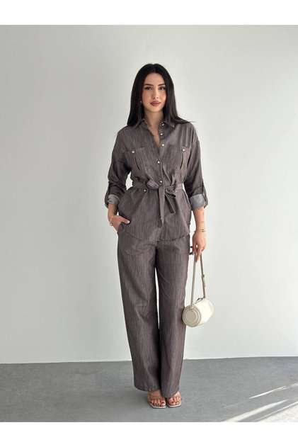 Linen Denim Rivet Suit-Brown Brown