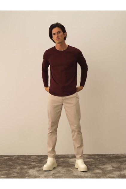 Erkek Bordo Slim Fit Bisiklet Yaka Modal Uzun Kol Tişört