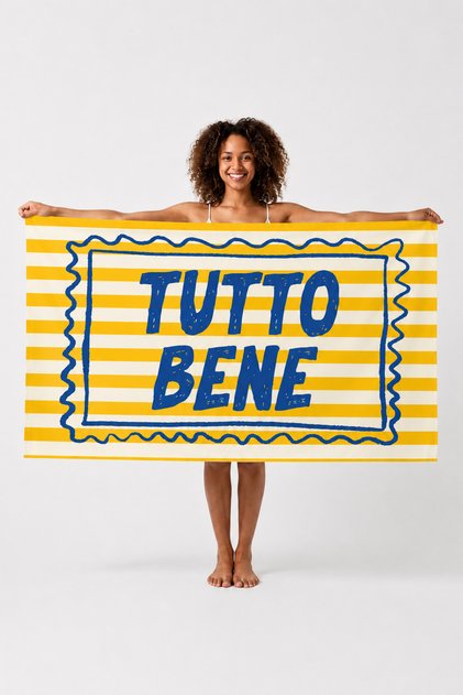 Tutto Bene Written Yellow and White Striped Beach Towel 75X150