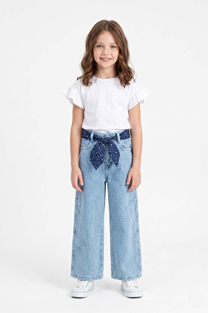 Girl's Pants with Bow Embroidery and Scarf