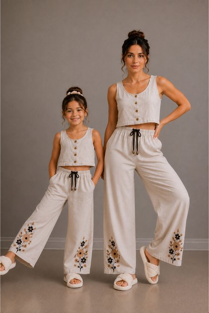 Nakış Detaylı Yazlık Keten Kumaş Yelek Pantalon Takım (Anne Kız Ayrı Ayrı Alınız)
