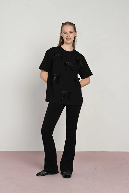 9-14 Years Ribbon Mussness Girls' T-Shirt-Black