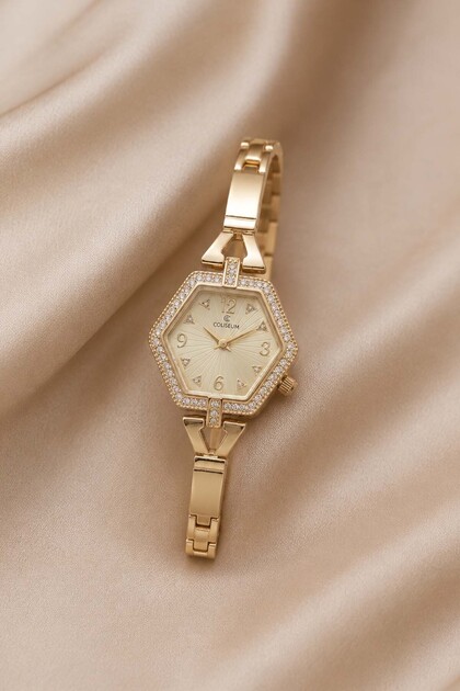 Chany Women's Gold Hexagonal Steel Watch Champagne Sunburst Dial Stone Detailed Luxury Quartz Wristwatch