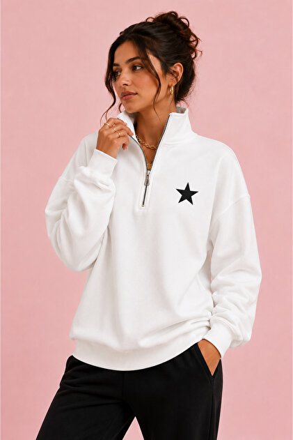 Star Printed Stand Collar Half Zipper White Women's Sweatshirt