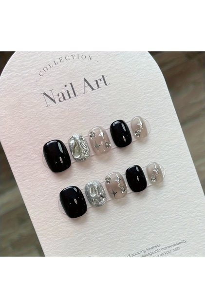 S 10PCS Handmade Press On Nails Ins style black sparkling four-pointed star short fake nails