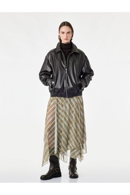 Asymmetrical Cut Waist-Fitted Plaid Tulle Midi Skirt