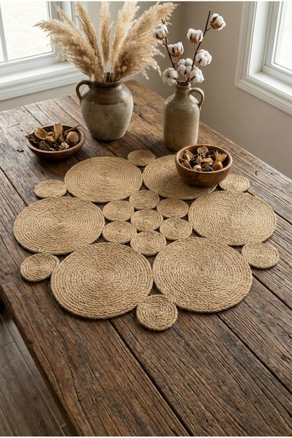Roundy 80cm Yuvarlak Hasır Jüt Salon Mutfak Masa Örtüsü / Runner / Ranır