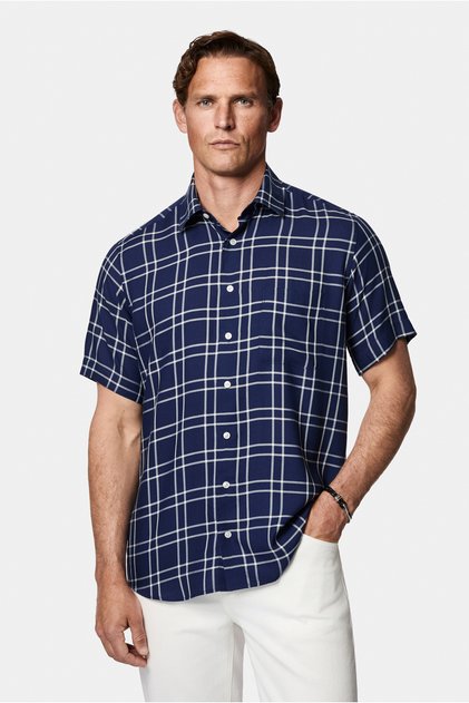 Short Sleeve Regular Fit 100% Lyocell Plaid Sport Shirt with Pockets