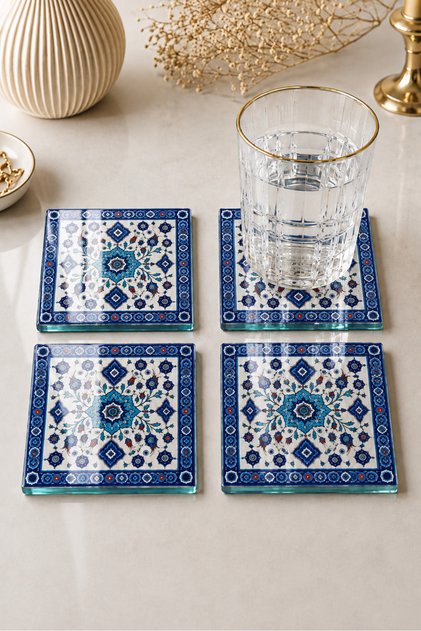 Glass Coaster | Iznik Royale Tile Patterned | 4-Piece Set | 10cm X 10cm