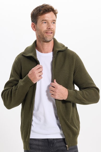 Men's Slim Fit Mock Neck Zippered Khaki Plain Cardigan