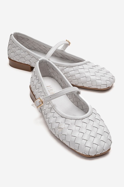 Yevora White Knitted Genuine Leather Strap Women's Ballerina Shoes