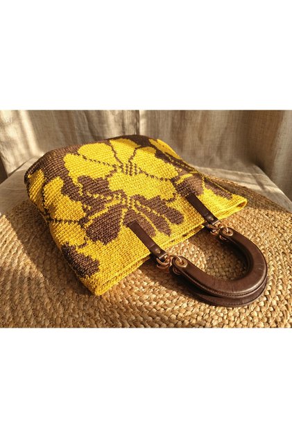 Women's Yellow Brown Floral Patterned Snap Fastener Shoulder Bag - with Internal Compartment (45X48 cm)