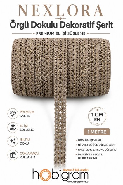 Vizon Nexlora Örgü Dokulu Dekoratif Şerit – Premium El İşi Süsleme 1 Metre