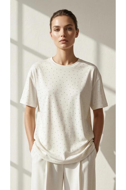 Women's Shimmer Detailed Crew Neck Basic Short Sleeve Cotton T-Shirt