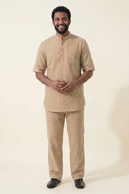 PORİENTO Beige Color Wide Fit 100% Cotton Muslin Fabric Stand Collar Short Sleeve Men's Hajj Umrah Set Casual Daily Wear