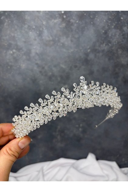 Luxurious Zircon Stone Detailed Bridal Crown Henna Night Wedding Hair Accessory Stylish Design