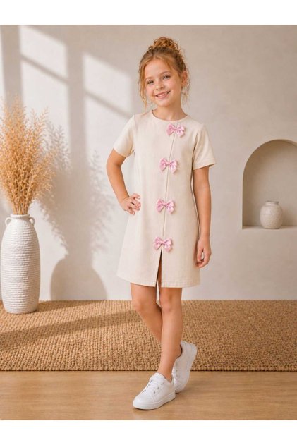Girl's Bow Detailed Short Sleeve Combed Cotton Dress
