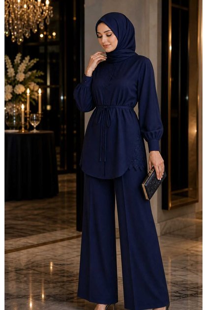 Women's Side Lace Detailed Lace-Up Waist Tunic Trousers Set Hijab