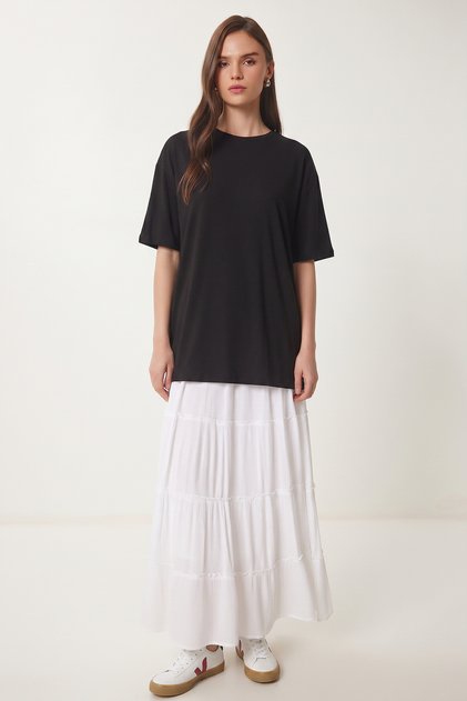 Crew Neck Oversize Long T-Shirt Lrn0052 Black