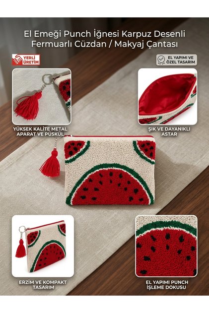Handmade Punch Embroidered Watermelon Patterned Zippered Multi-Purpose Handbag