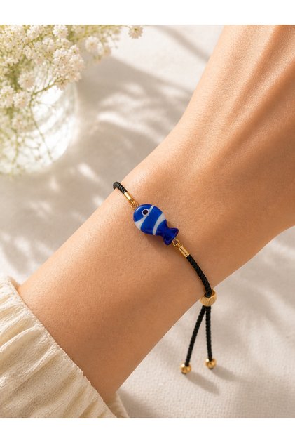 Navy Blue Striped Fish Murano Glass Beaded Adjustable Drawstring Bracelet