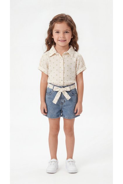 Heart Printed Ribbon Girl's T-Shirt-Shorts Set