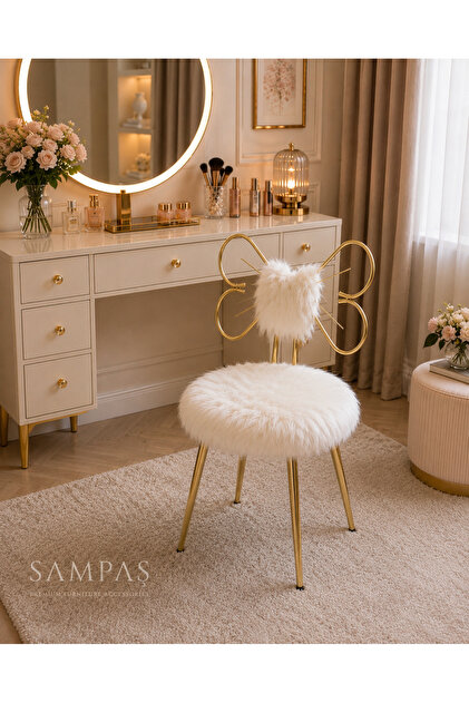 SAMPAŞ Luxury Gold Fiyonklu Makyaj Sandalyesi Modern Puf Koltuk