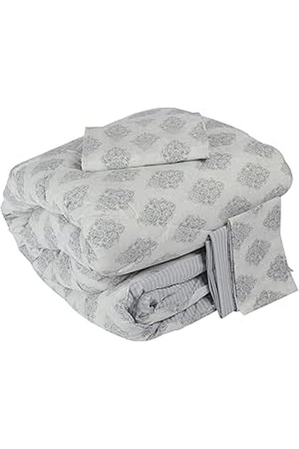 3-Piece Printed Striped Comforter Twin Set 100% Cotton - Grey Blue