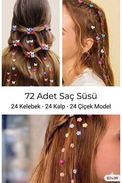 72 Adet Mini Taşlı 3 Farklı Çeşit Mandal Saç Klipsi Toka Seti -Kız Çocuk ve Bebek Saç Aksesuarı( 24'erli 3 Paket)