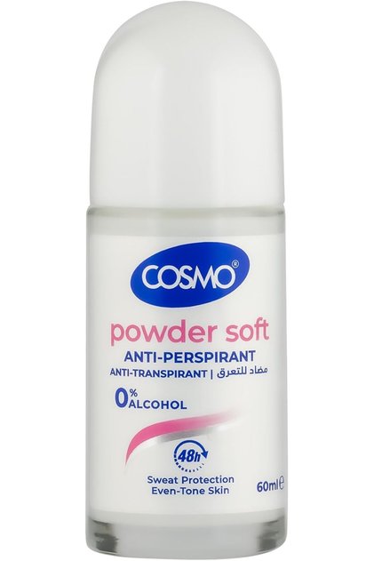 COSMO Anti-Perspirant Deodorant Roll-On, 48-Hour Protection, Powder Soft Scent, Alcohol-Free, 60ml
