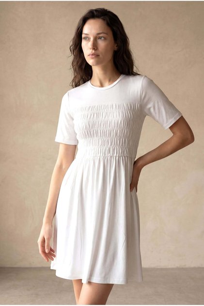 Women's Regular Fit Crew Neck Cotton / Elastane Short Sleeve White Dress Claudia