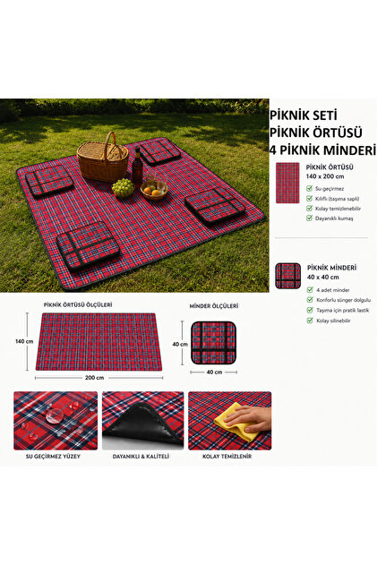Piknik Seti 140x200 Cm Su Geçirmez Piknik Örtüsü Kılıflı 4’lü Minder Seti Kamp Plaj Bahçe Matı