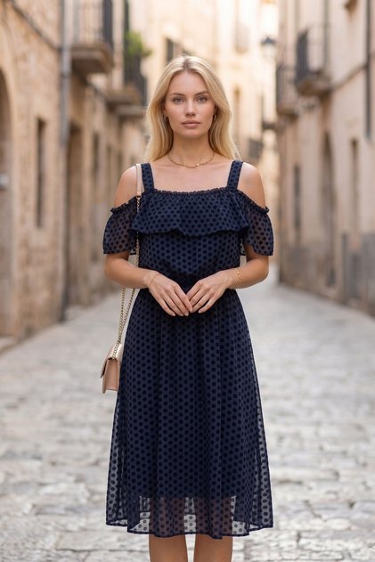 Women's Navy Blue Tulle Look Polka Dot Patterned Dress with Flounces, Madonna Collar, Comfortable Cut, Stylish Dress