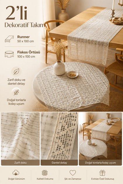 2'li Set Dantelli Güpürlü Runner ve Fiskos Örtüsü Ve Runner Takımı 2 Parça Özel Dokulu Dekoratif Masa Örtüsü Seti