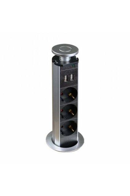 Priză Turn Încastrabilă SNT1481, 3 Posturi Schuko, 2xUSB, Cablu 2m, Aluminiu, 3680W, 16A