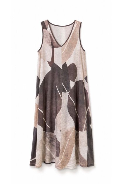 Coffee abstract patterned v-neck dress