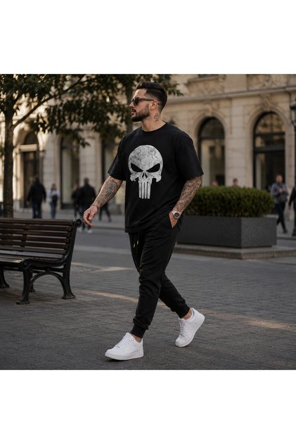 A KALİTE PREMİUM Punisher Kuru Kafa Baskılı Oversize Siyah Erkek Tişört