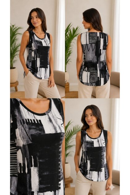 New Season Women's Patterned Round Neck Strappy Single Jersey Blouse