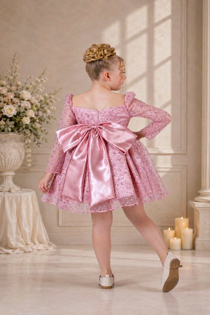 Bow Detailed, Glitter Embroidered, Laced, Showy, Sparkling Tulle, Puffy Skirt, Special Occasion-Birthday-Engagement-Wedding-Invitation Dress