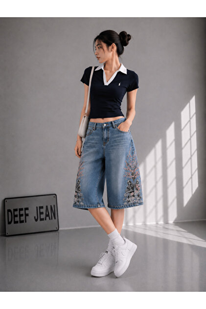 DEEFWEAR Y2K Embroidered Baggy Jean Shorts Bermuda/Shorts - Trendyol