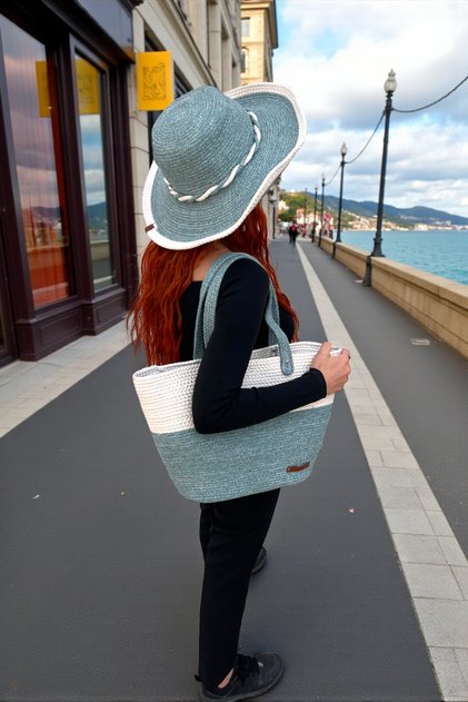 Turquoise White Beach Pool Bag and Hat Set Multi-Purpose Washable Decorative Bag and Hat