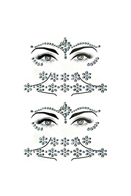 Set 2 Stickere Autoadezive Fata, Gat si Piept, Cristale tip strass, Argintiu, Look glam, Festival, Machiaj artistic