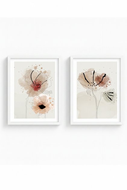 White Wooden Framed 2 Piece Set Painting Huhu22 - Double Painting Set White Frame