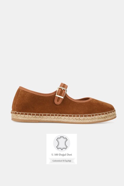 Women's Tan Suede Genuine Natural Leather Size 36-41 Buckle Fastening Flat Sole Mary Jane Daily Espadrilles