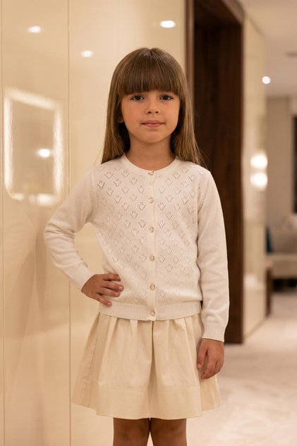 Girl's Patterned White Knitwear Cardigan 8-12 Years