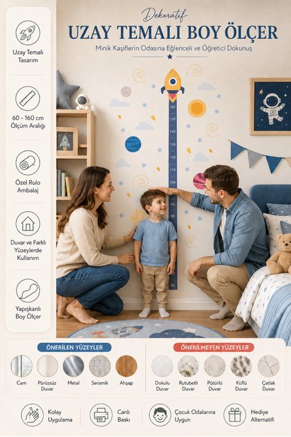 Space Themed Adhesive Height Meter 60-160 cm Children's Room Wall Sticker
