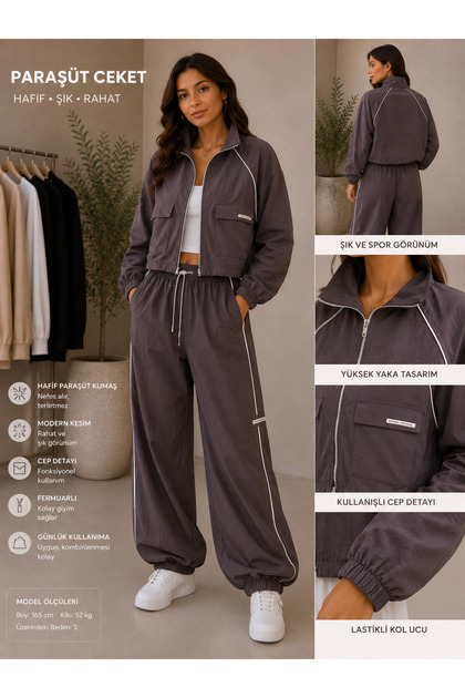 Paraşüt Kumaş Fermuarlı Crop Ceket – Kahve